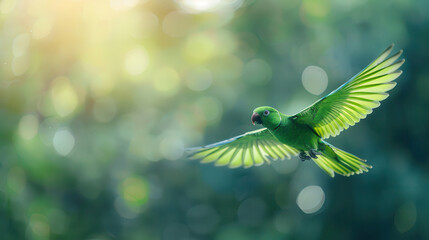 A green parrot is flying through the air