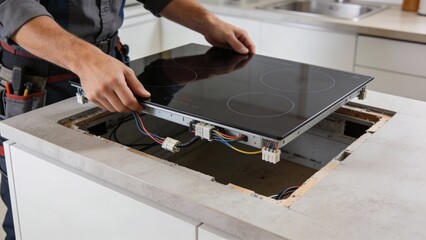 Kitchen technician installing electric cooktop in countertop, close view of hands and wiring, home appliance repair and renovation service, practical maintenance mood
