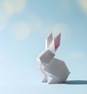 Minimalist White Origami Paper Rabbit on Pastel Blue Bokeh Background