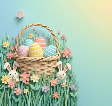 Cute 3D Paper Cut Easter Basket with Eggs and Peeking Bunnies