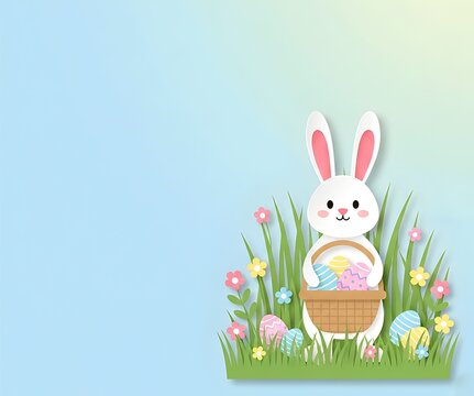 Cute Paper Cut Easter Bunny Holding Basket of Eggs on Blue Soft Background