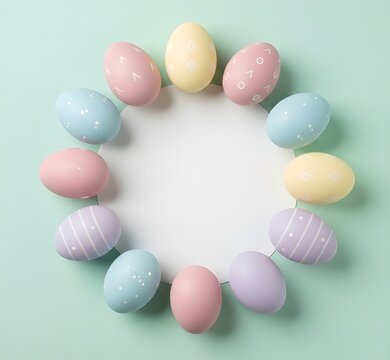 A creative top-down view of colorful pastel Easter eggs arranged in a perfect circular frame. The composition features a clean white round copy space in the center, soft mint green background