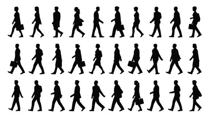 Silhouettes of business people walking in various poses carrying briefcases and bags on white background representing office workers commuting