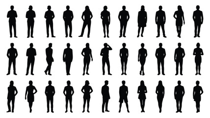 Collection of diverse black human silhouettes standing in various poses on white background for design and illustration