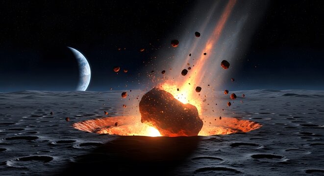 An asteroid surface moon with large asteroid in the fore and small.