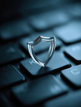 Silver shield symbol placed on a black keyboard key, representing security and protection in digital technology and online safety concepts