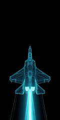 Fighter jet wireframe launching with glowing neon thruster
