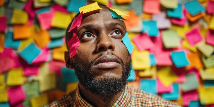Man feeling overwhelmed with notes and ideas on his mind