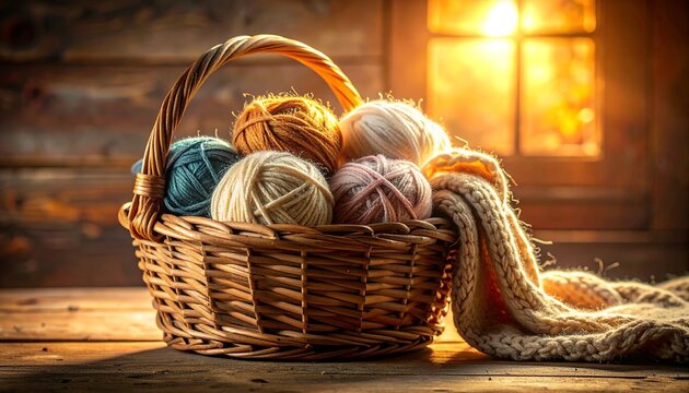Wollkn&auml;uel im Korb neben Strickprojekt