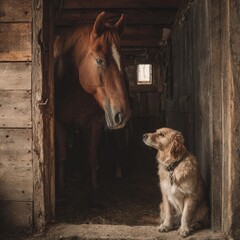 Obraz premium Horse and golden retriever forming an animal friendship in a stable