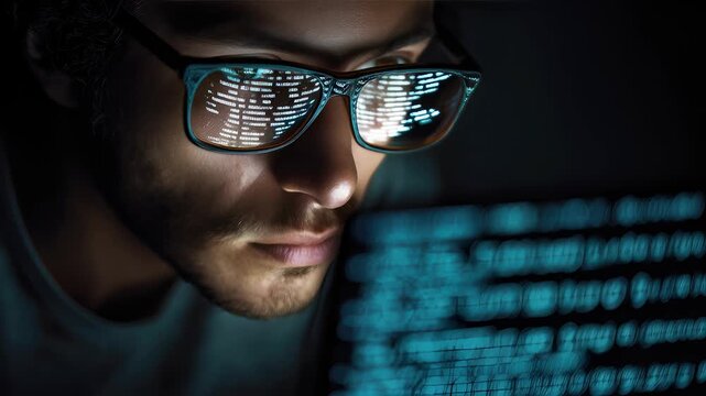 An ethical hacker types rapidly on a laptop lines of code reflecting in their glasses in a dark room.
