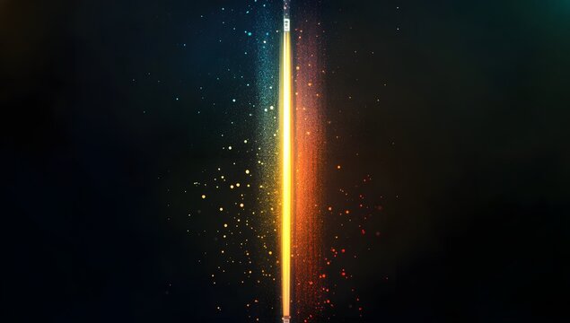 Vertical glowing beam of golden light dividing frame with teal and orange particles flying in dark space for cinematic energy background representing power fusion or digital transition effect