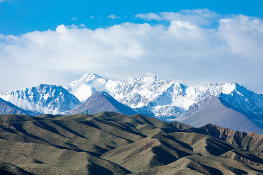 View of the Tian Shan Mountains in Kyrgyzstan with Boris Yeltsin Peak, or Oguz-Bashi on the left.