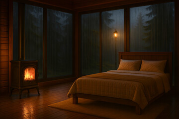 Obraz premium Cozy cabin bedroom with warm firelight, wooden interior, neatly made bed, and large windows showing a rainy night with pine trees and glowing lamp. 