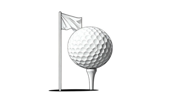 Graphic rendering featuring a pristine golf ball resting atop a tee, positioned alongside a flagpole with a waving white flag