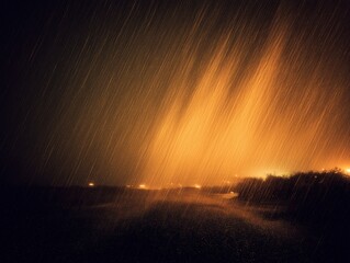 Obraz premium Heavy rainstorm with illuminated streetlights creating a dramatic atmosphere over a dark road, blurred outlines of vegetation visible in the background