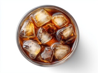 Glass of iced tea with ice cubes on a white background, showcasing the rich amber color of the beverage and the clarity of the ice