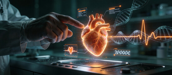 Close-up of researcher's hands interacting with glowing holographic 3D model of human heart and DNA in dark laboratory. Cinematic low-key lighting with cool teal tones, bright orange and white HUD dat