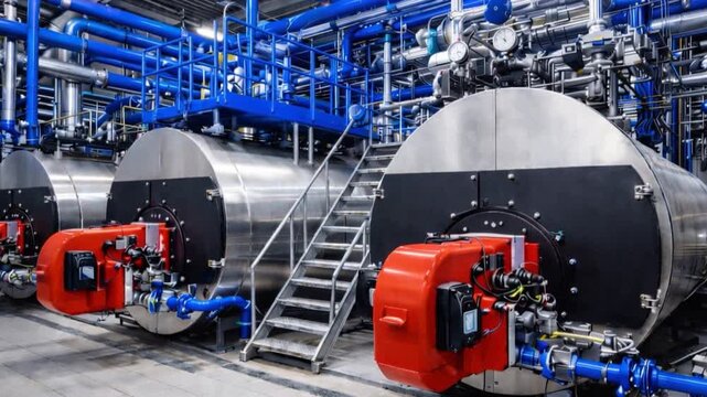 The interior of an industrial boiler room.
