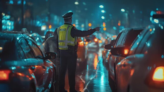 During rush hour a police officer is busy directing traffic at a busy urban intersection The lights on the wet streets are reflecting off each other.