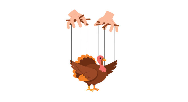 Two Hands Controlling a Turkey Marionette Puppet on Strings Isolated on White