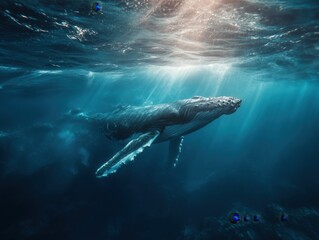 Fototapeta premium Humpback whale swimming gracefully underwater in a sunlit ocean, with rays of light filtering through the water surface creating a serene aquatic scene