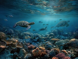 Obraz premium Sea turtles swimming gracefully above vibrant coral reef teeming with marine life in clear blue ocean waters illuminated by sunlight filtering from the surface