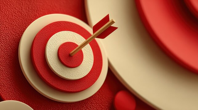 Flat minimalist vector artwork of an arrow lodged in the center of a red and white target, strong symbolism of goal achievement, smooth curves, balanced layout, crisp and modern icon design