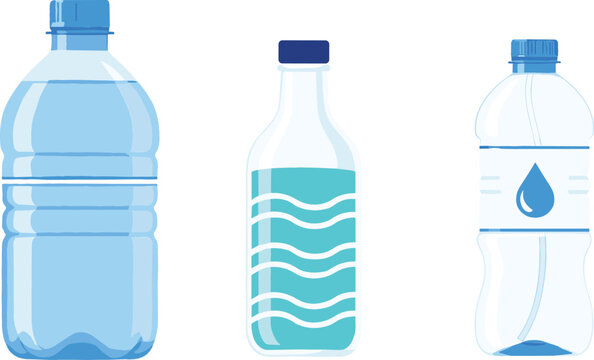 Vector illustration set of three plastic water bottles with blue caps and various label designs isolated on white