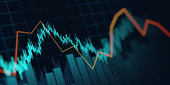 financial chart with uptrend line candlestick graph in stock market on blue color background