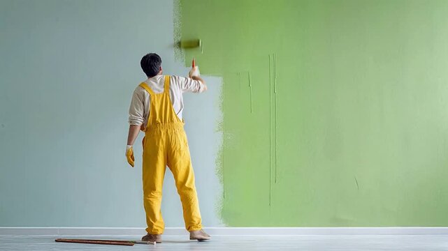 Professional Painter in Yellow Jumpsuit Painting Green Wall Color