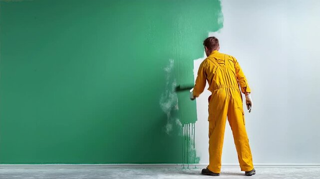 Worker in Yellow Overalls Painting White Wall Green with Roller