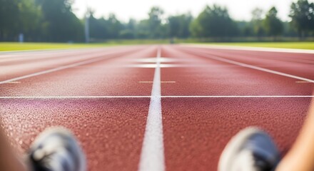 Starting line on a red running track with blurred foreground and background.