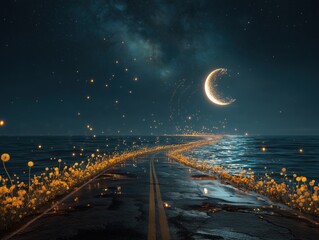 Obraz premium Surreal landscape featuring a winding road surrounded by glowing flowers leading to a crescent moon over a calm ocean at night with starry sky