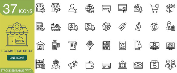 E commerce line icon set for online shopping and business. This vector outline symbol collection represents modern digital retail, offering clean and simple design for web and mobile