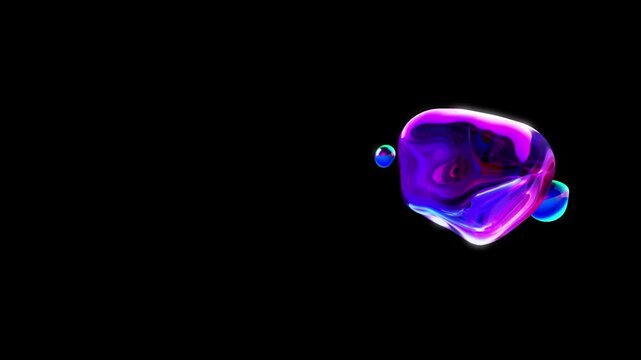 Abstract minimal composition showing a glowing fluid 3D object in vibrant colors with two luminous bubbles floating on a dark background in a stylized digital art