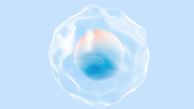 Close-up 3D visualization of a stylized biological cell with glowing semi-transparent membrane and dotted structure on a soft blue background for scientific themes