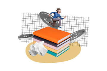 Obraz premium Full trendy image art collage of excited guy run book stack dollar coin income business bonus encyclopedia bookworm hobby concept
