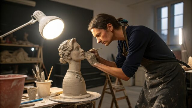 Artist meticulously sculpts clay bust in studio