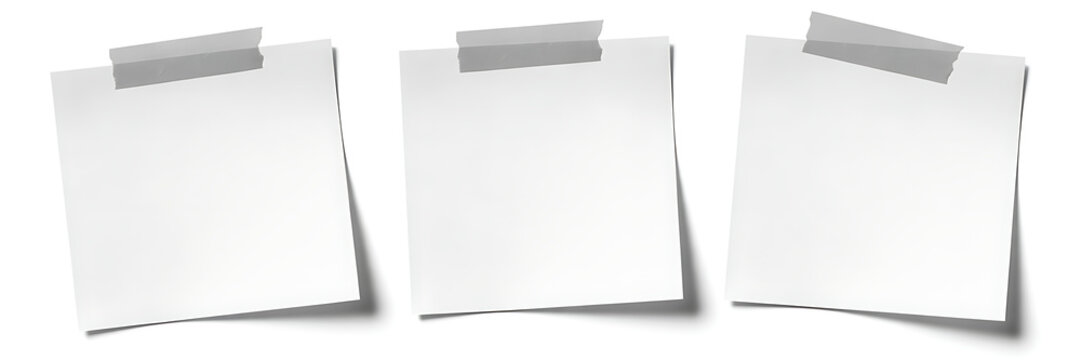 Isolated Set of Three Blank Square White Sticky Notes Affixed with Transparent Tape, Offering Ample Copy Space for Customizable Information or Ideas.