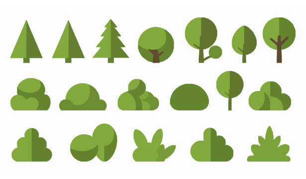Minimal geometric green trees and bushes flat vector collection isolated on white background