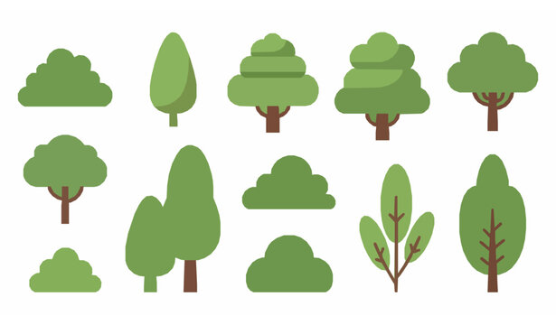 Stylized green trees and bushes flat vector set with cute modern plant shapes on white