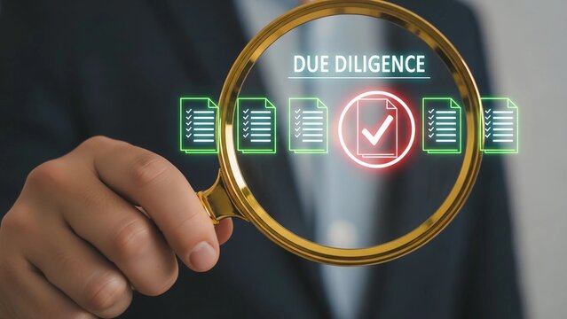 A businessman conducting due diligence with a magnifying glass