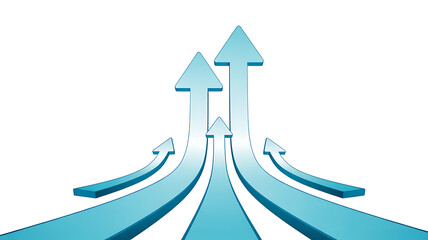 Fototapeta premium Dynamic Light Blue 3D Arrows Rising Upwards with Fanning Paths, Symbolizing Growth, Success, Progress, and Multiple Opportunities on White Background
