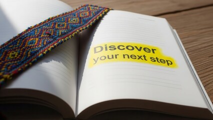 Open Book with Highlighted Text 'Discover Your Next Steps'