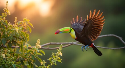 Obraz premium A colorful toucan with a green beak soars through golden light.