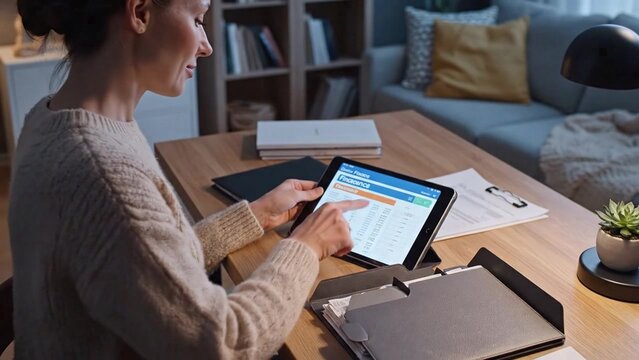 Young adult woman using tablet at home office desk, warm evening productivity mood, remote work planning and digital paperwork, tax season and back to school admin