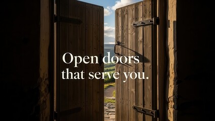 Open Wooden Doors Revealing Scenic Landscape