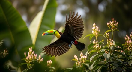 A colorful Keel-billed Toucan soars through dense tropical plants with grace.