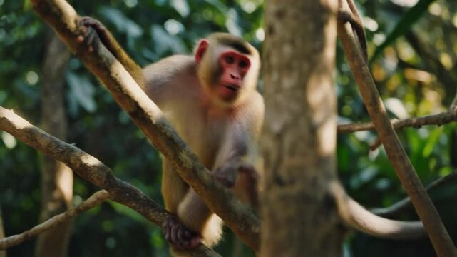 A monkey climbs a tree branch in a lush forest, captured from a low angle.